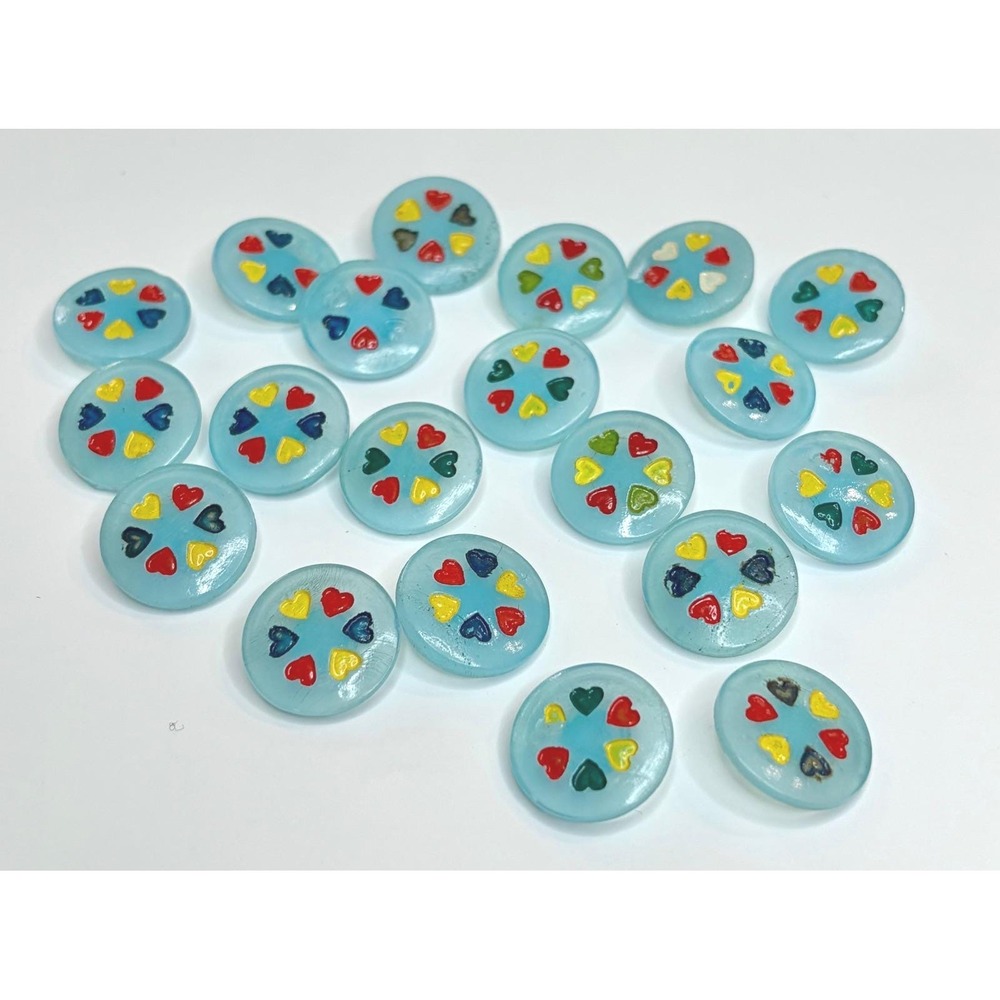 Vintage Light Blue Czech Glass Buttons Hand Painted Hearts Folk Art Lot of 18